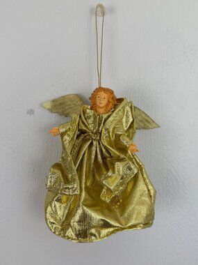 Vintage 1990s Angel Christmas Ornament, Handcrafted Gold Metallic Fabric